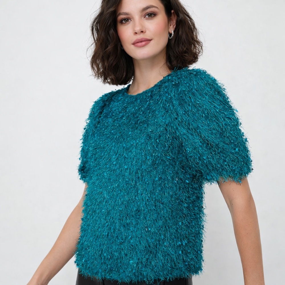 Tuckernuck Hyacinth House Teal “Textured Hope Blouse” Fringe Puff Sleeve Top XL